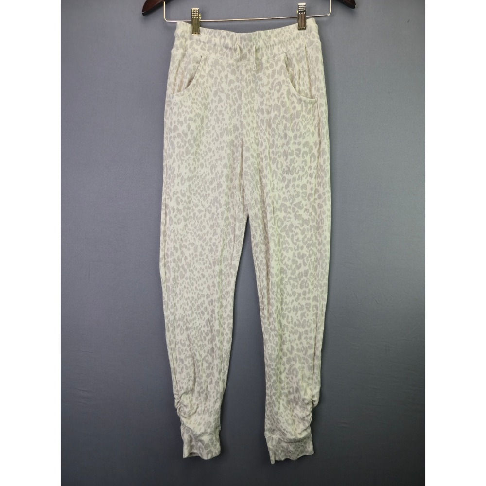 R+R Robert Rodriguez Jogger Pants L Leopard Print Ruched Ankle Knit Lounge Beige